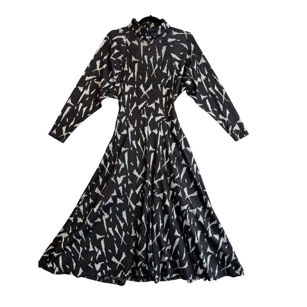 Vintage 80s Retro Glam Metallic Dress Womens 8 Black Silver Open Back Pockets